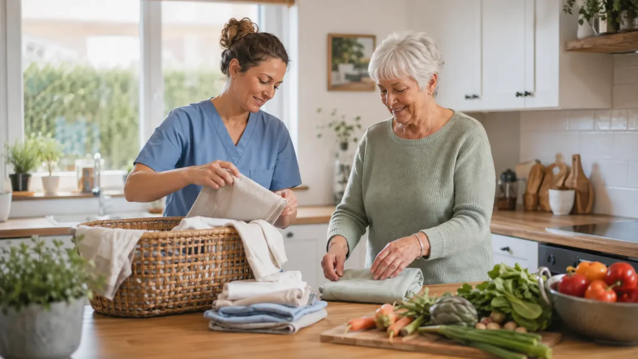 Pflegefachkraft unterstützt eine Seniorin bei Wäsche und Haushaltsaufgaben