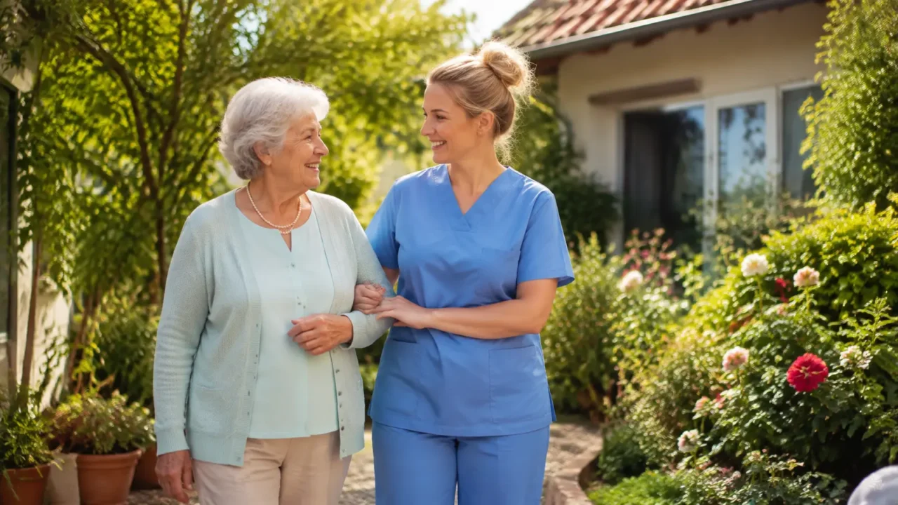 Pflegefachkraft begleitet eine Seniorin bei einem Spaziergang im Garten